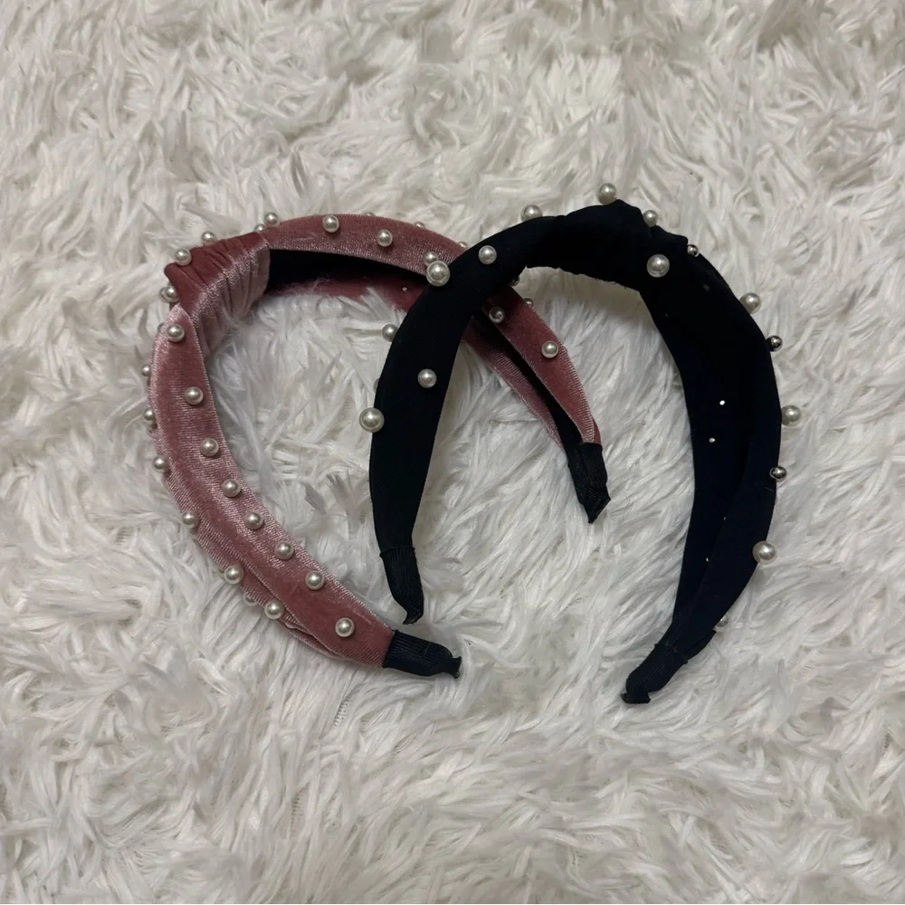 Elegant Pearl-Studded Headbands - Pink and Black